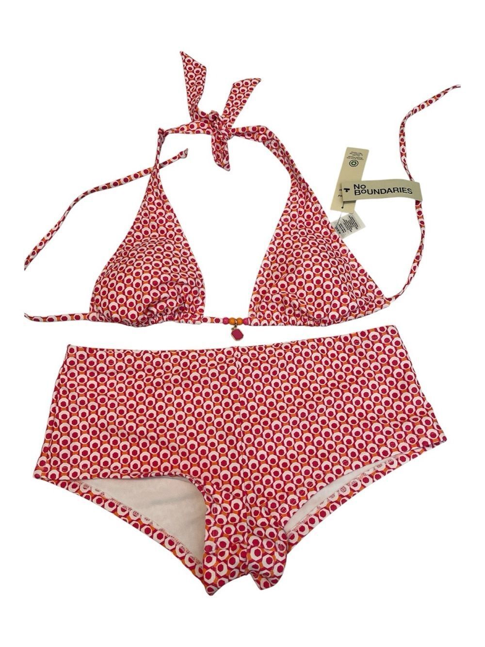 NWT No Boundaries Size M Pink & White Patterned Bikini Set with Orange Accents